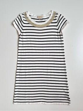 Michael Kors Knit Shirt Dress White Navy Stripe Beaded Neck Size Medium